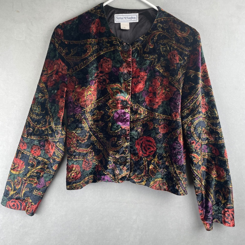VTG Norton McNaughton Dark Velvet Burnout Floral Artsy Blazer‎ Jacket Boho USA 6